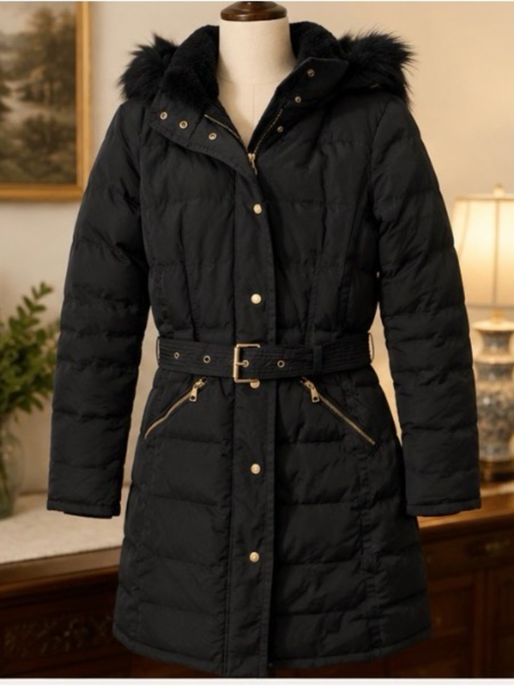 Dex Outerwear Collection Women’s Black Belted Puffer Winter Coat fur hood |Small